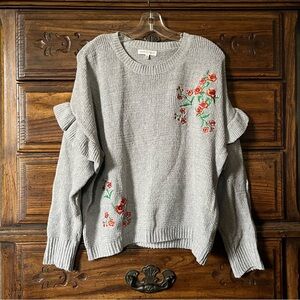 Woven Heart Gray Sweater with Red Floral Embroidery